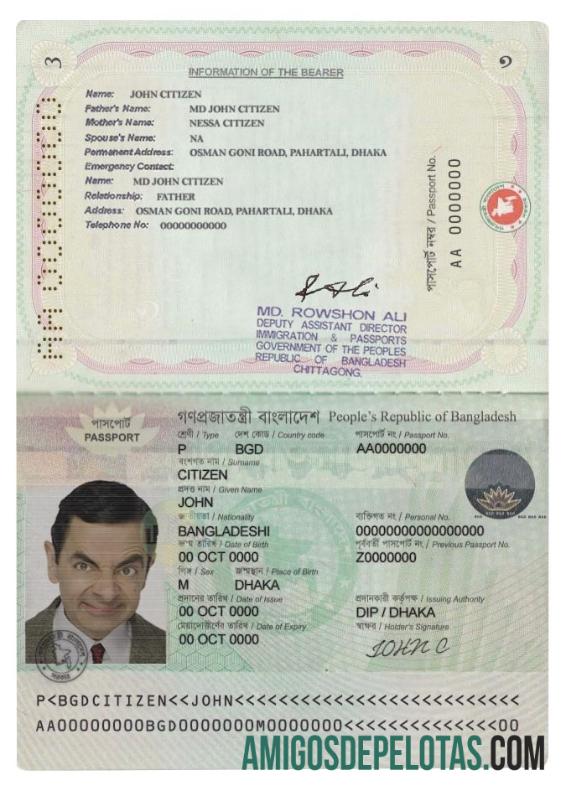 Passaporte de Bangladesh novo (passaporte legível por máquina) desde abril de 2010 exemplo